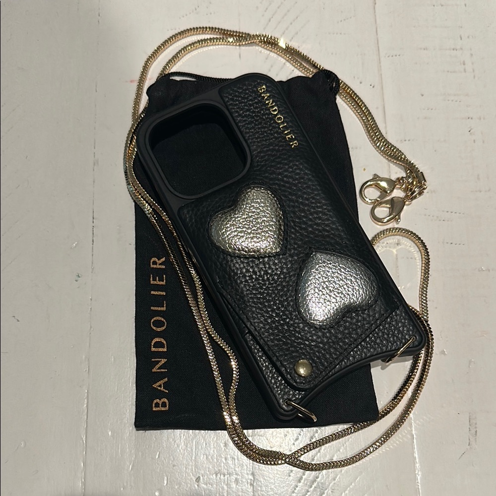 Bandolier iPhone 14 Pro — Black Case with Gold + Silver Hearts and Gold Chain